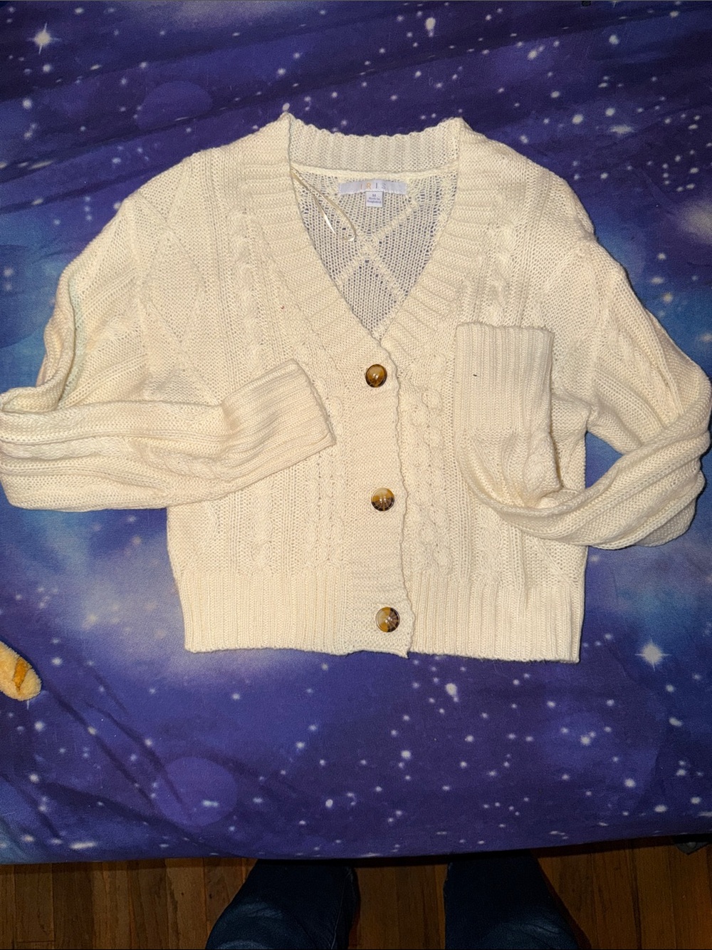 iris Cream Cable-Knit V-Neck Button Front Cardigan